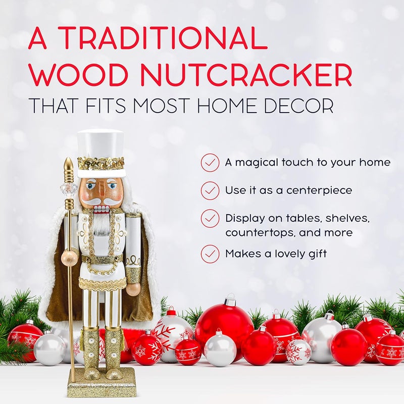 Ornativity Christmas Gold King Nutcracker – Gold and White Glittered Wooden Nutcracker Man Fur Cape and Staff in Hand Xmas Themed Holiday Nut Cracker Doll Figure Decorations 14" - Image 5